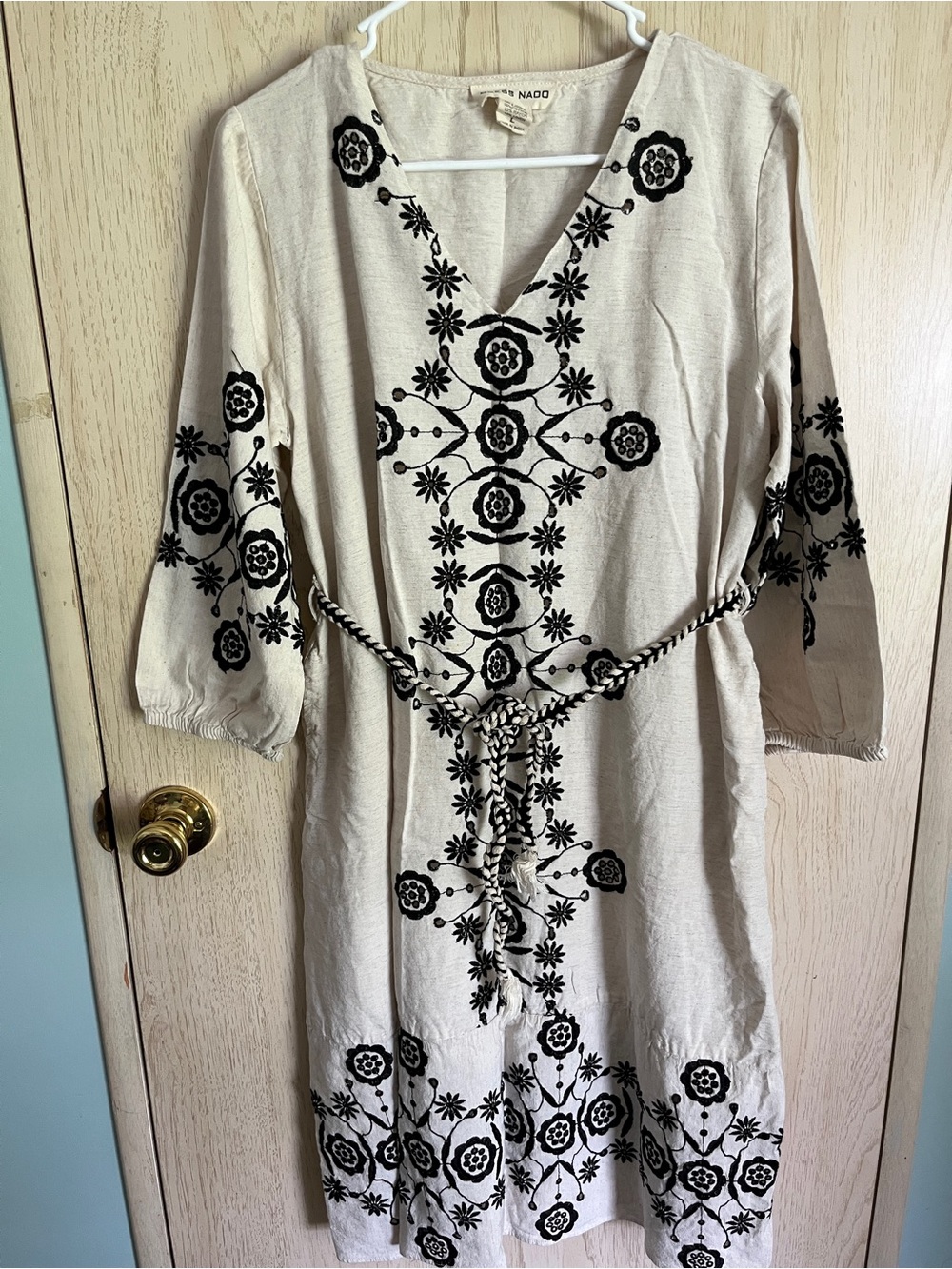 Dress NAOO Embroidered Cotton Linen Natural & Black Dress Sz Large